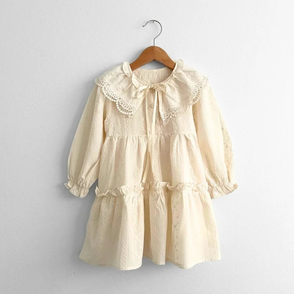 NWT Pretty Girls Eyelet Embroidered Lace Bib Collar Long Sleeve Dress Cream 4T - Picture 1 of 4